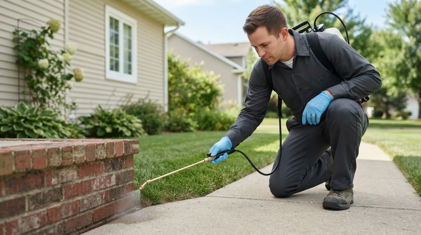 Pest control technician treating a home near Wayne, ME